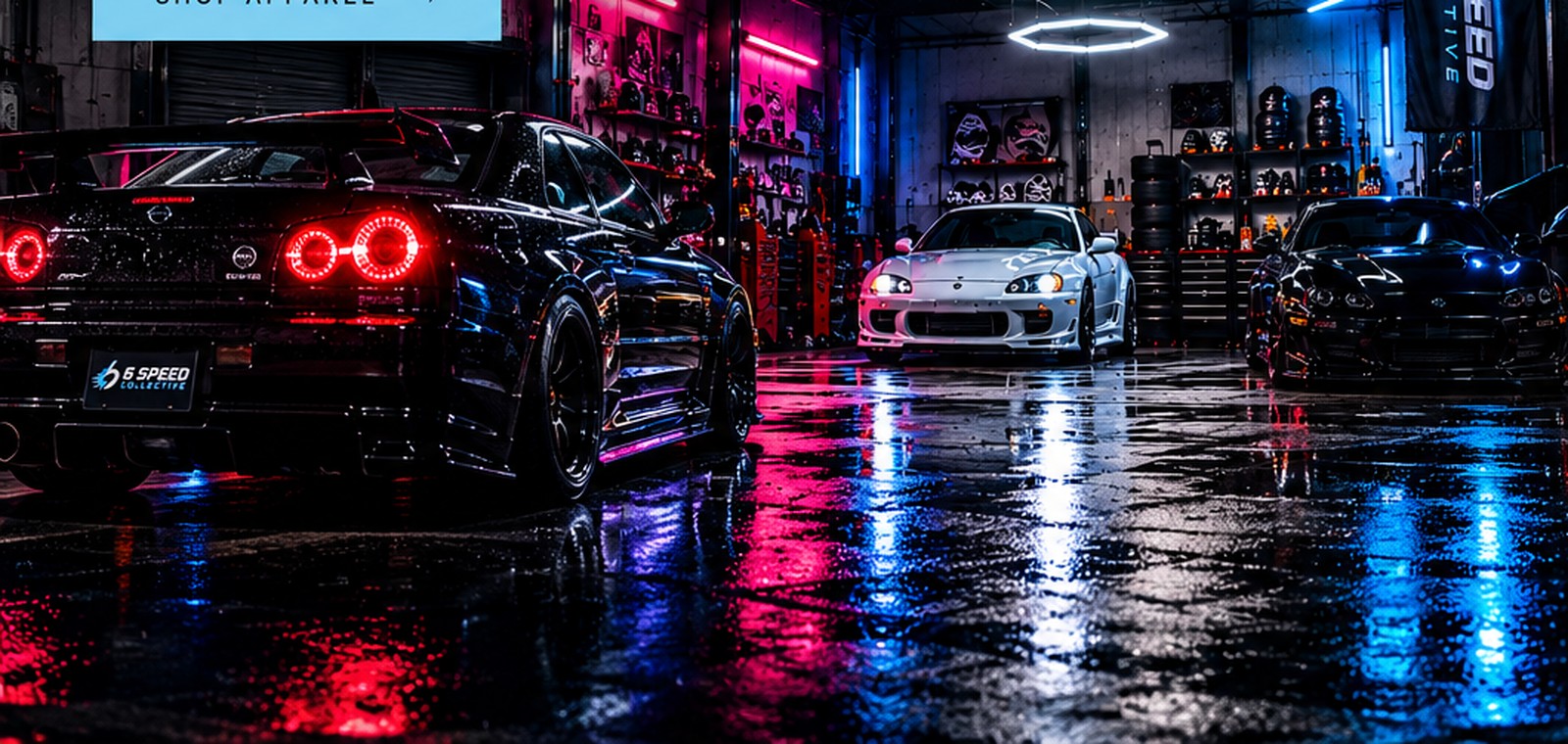 Performance cars at a blue and magenta lit automotive garage